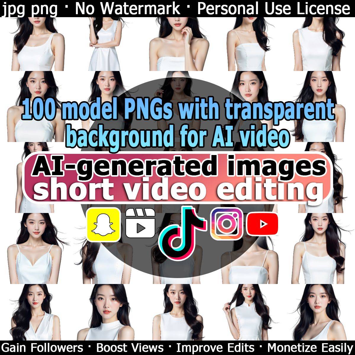 100 model PNGs with transparent background for AI video AI-generated images short video editing